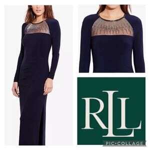Lauren Ralph Lauren 2010s Navy Beaded Mesh Yoke Jersey Gown Size 8